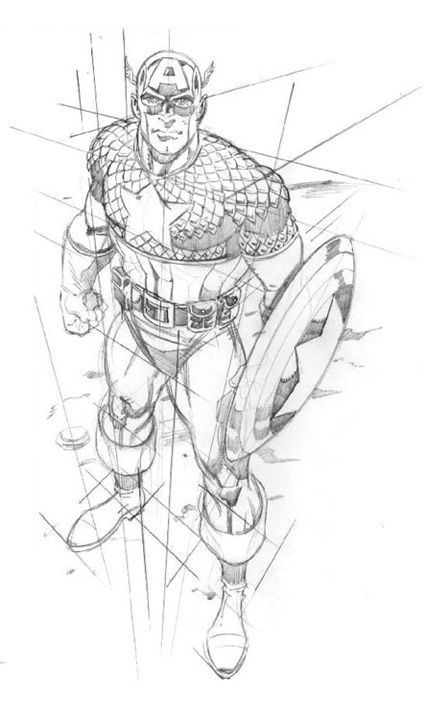 Pencil sketch of a superhero in a star-patterned costume, holding a shield, looking upwards.