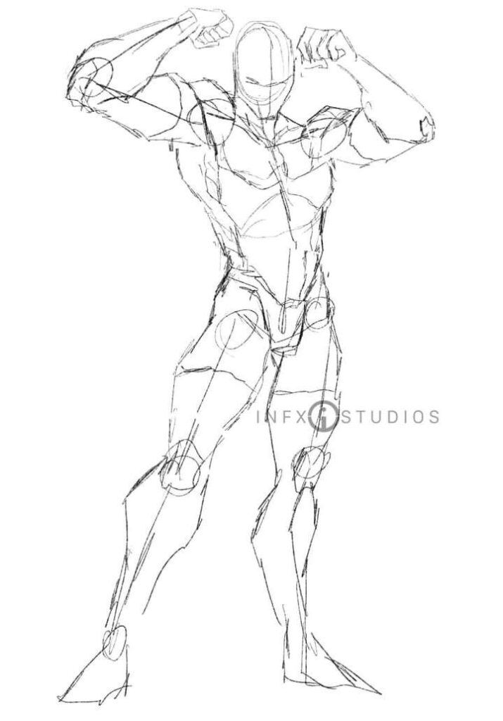 Dynamic superhero sketch showing muscular pose and outline, ideal for character design concepts and comic art inspiration.