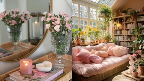 Cozy reading nook with pink cushions, surrounded by plants and books, with a vase of flowers and candle on a mirrored tray.