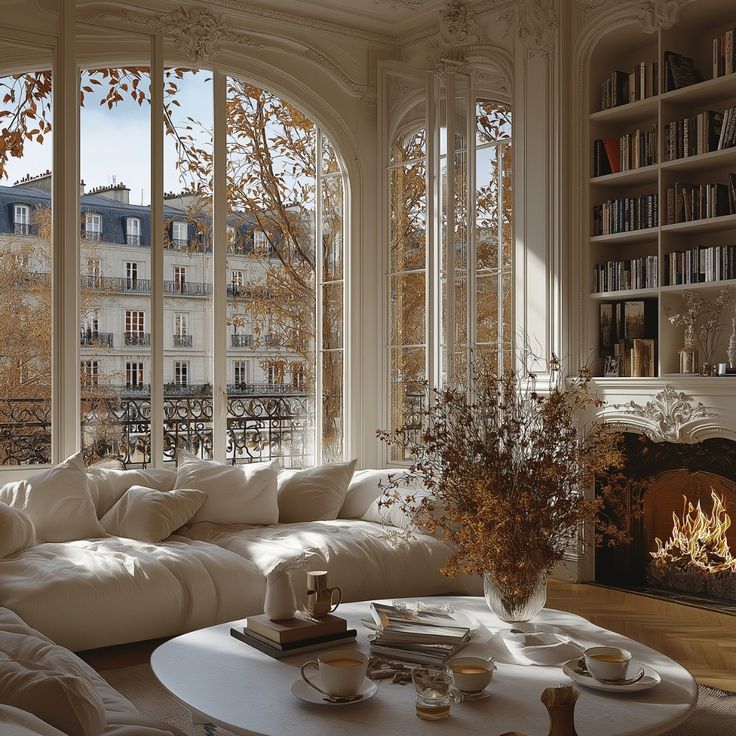 Luxurious living room with cozy sofa, autumn view, and fireplace, perfect for a warm, stylish ambiance.