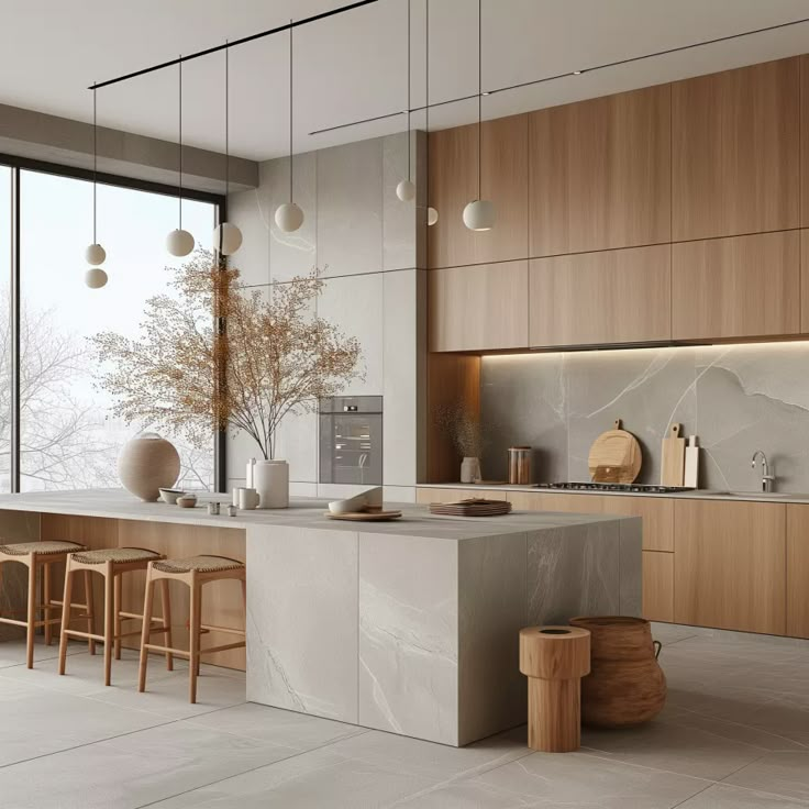 Modern kitchen with wood cabinets, island, pendant lights, and large windows for natural light. Minimalist decor.