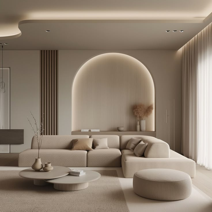 Modern minimalist living room with neutral-toned furniture, arch lighting, and round coffee tables. Cozy and elegant décor.