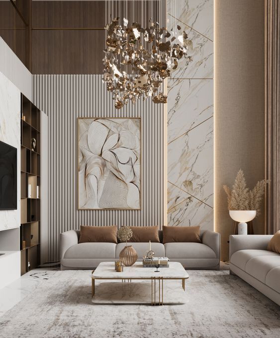 Luxurious modern living room with elegant chandelier, abstract art, and marble accents.