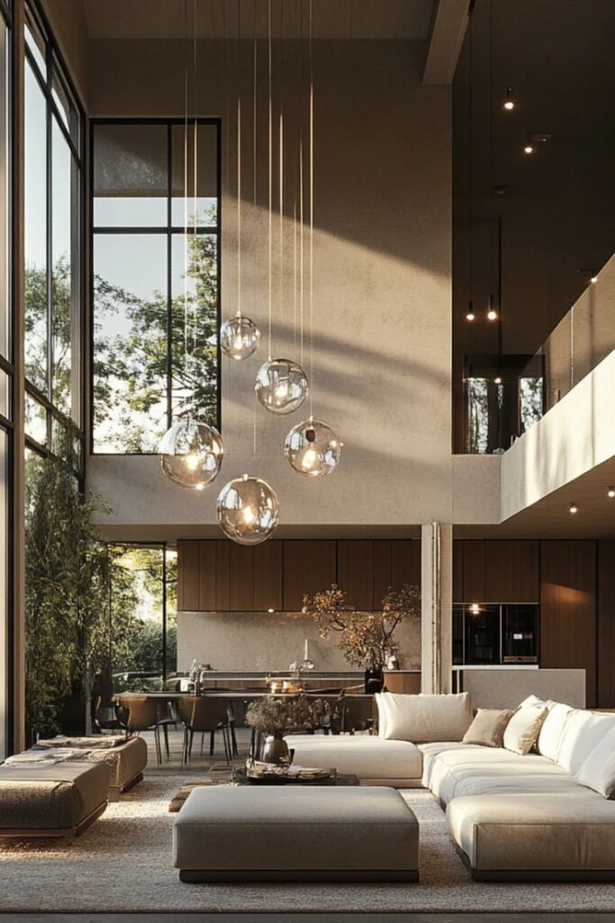 Modern living room with tall windows, chic pendant lights, and stylish neutral furniture in open concept space.