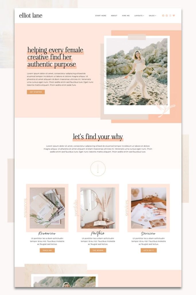 Modern feminine website design with motivational text and natural imagery, offering resources and services for creatives.