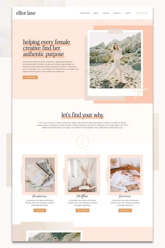 Modern feminine website design with motivational text and natural imagery, offering resources and services for creatives.