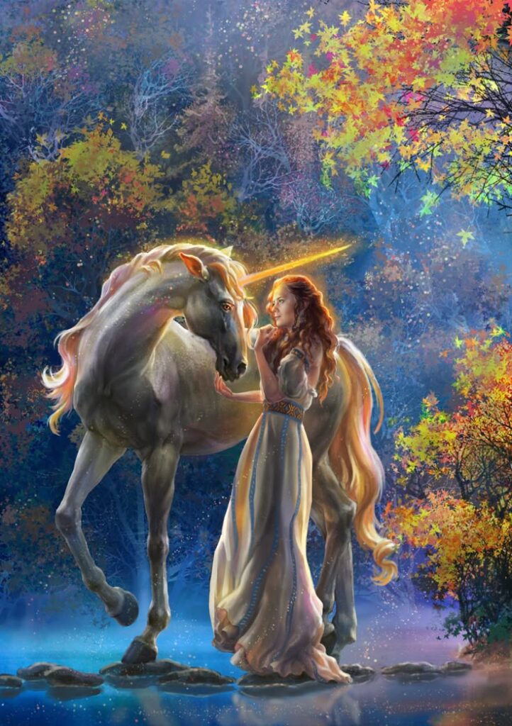 Enchanting woman with unicorn in magical forest, illuminated by soft light and autumn leaves. Fantasy art scene.