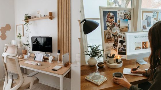 Modern, organized home office spaces with wooden desks, decor, greenery, and a person writing. Cozy and productive atmosphere.