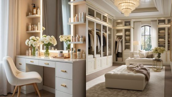 Luxurious dressing room and vanity with elegant storage, floral accents, and ambient lighting.