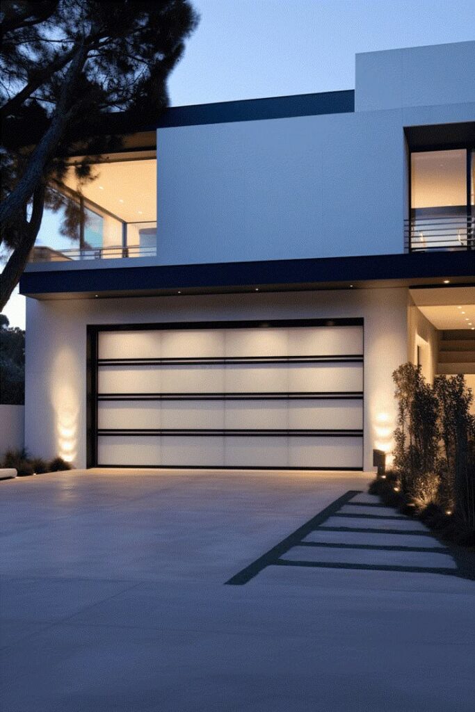 Modern house exterior at dusk with sleek garage door and illuminated driveway.