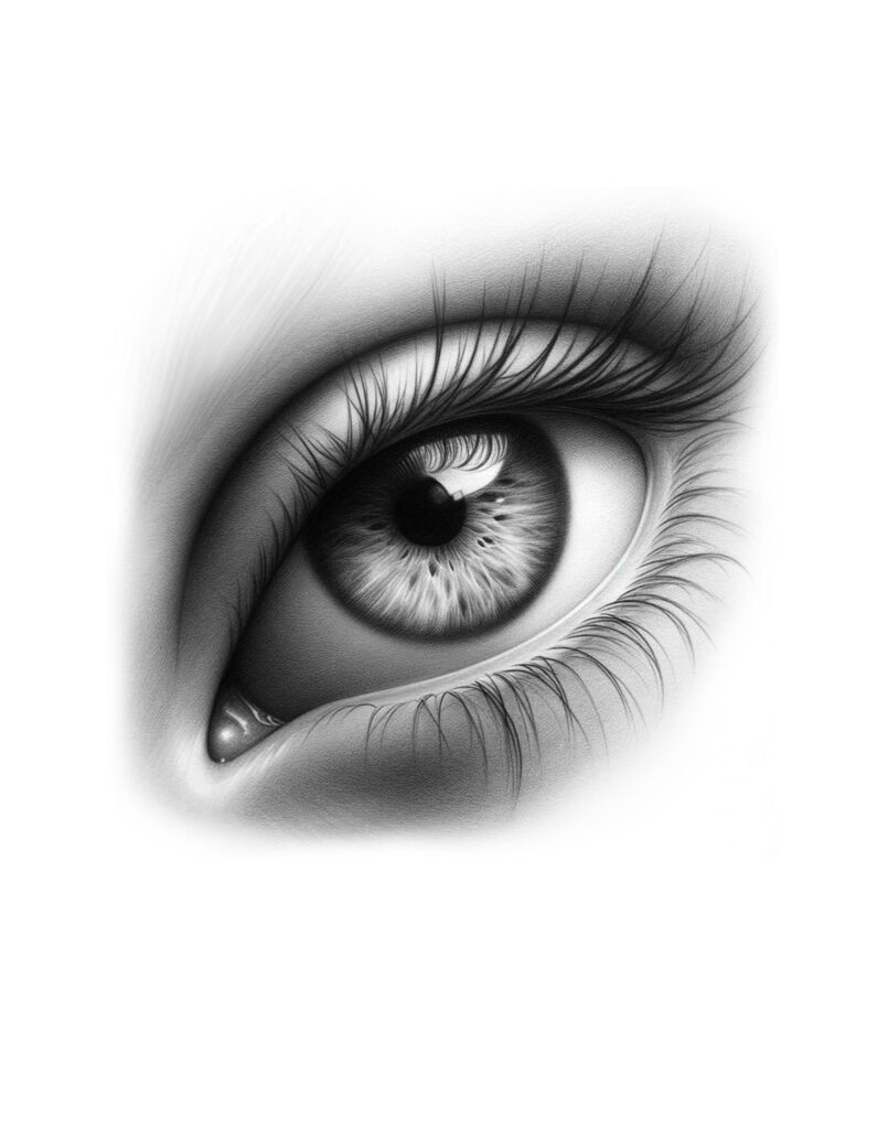 Detailed pencil drawing of a realistic eye with lashes and shading on a plain white background.