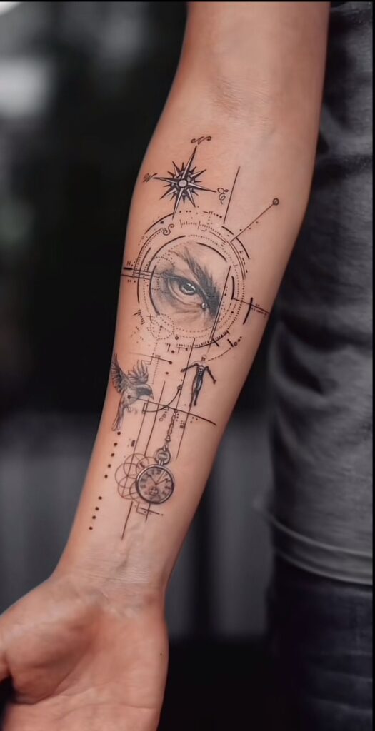 Tattoo featuring a compass, eye, bird, and geometric elements on a person's forearm, symbolizing exploration and vision.