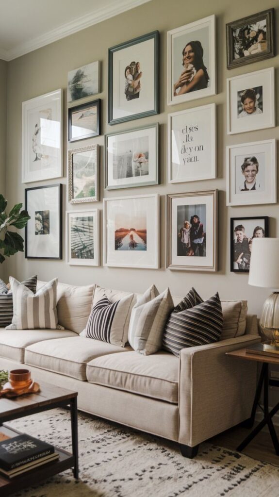 Cozy living room with beige sofa, striped pillows, and a gallery wall of framed photos and art on a neutral background.