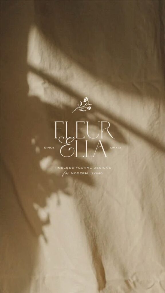 Elegant Fleur & Ella floral design logo on a beige background, showcasing modern and timeless style.