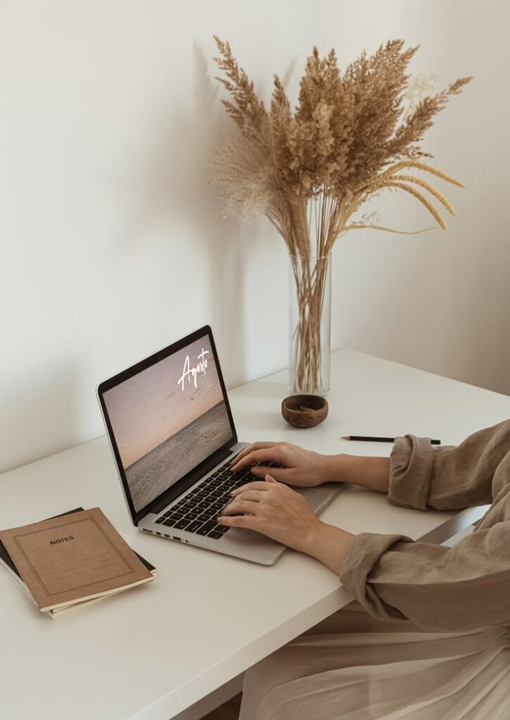 Person typing on a laptop at a minimal desk with dry plant decor and notebook.