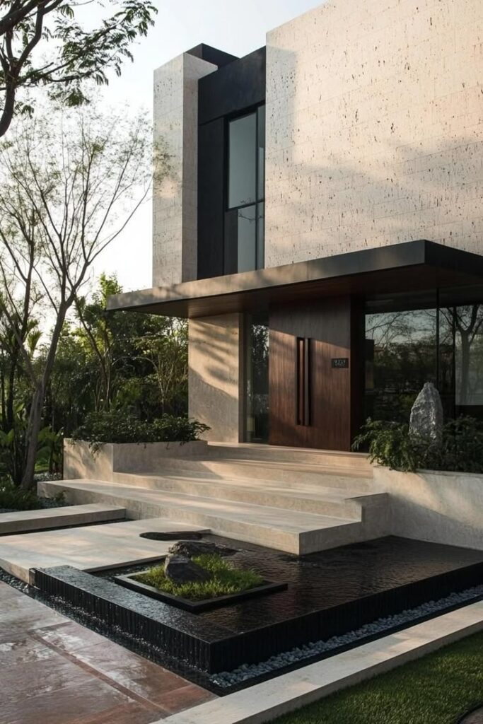 Modern minimalist house exterior with stone facade, wooden door, and landscaped garden.