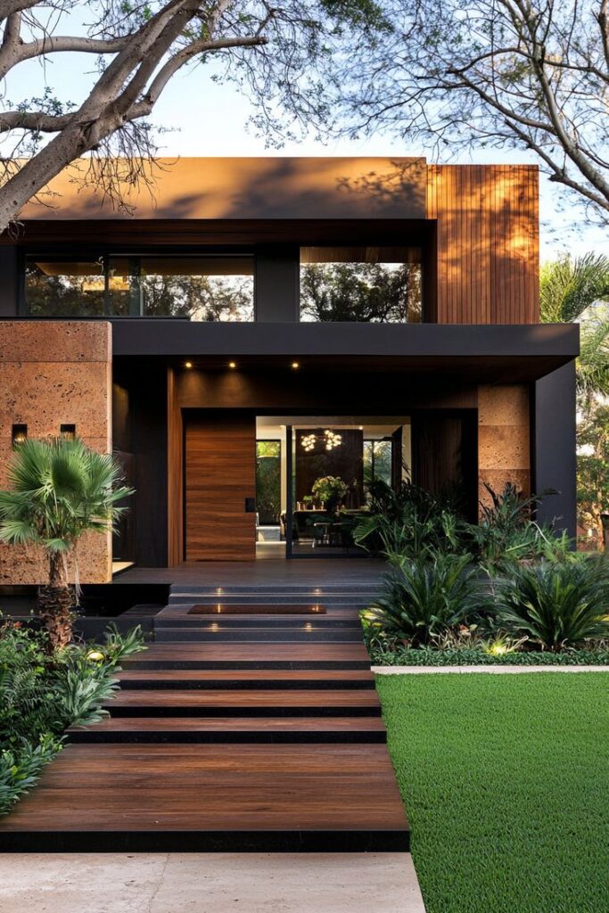 Modern house with wooden facade, lush greenery, and glass entrance, showcasing contemporary architecture design.