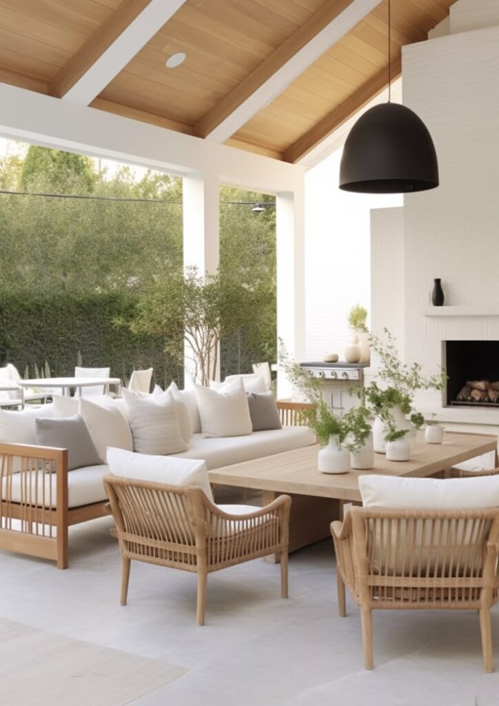 Stylish outdoor living space with modern furniture, natural materials, fireplace, and greenery.