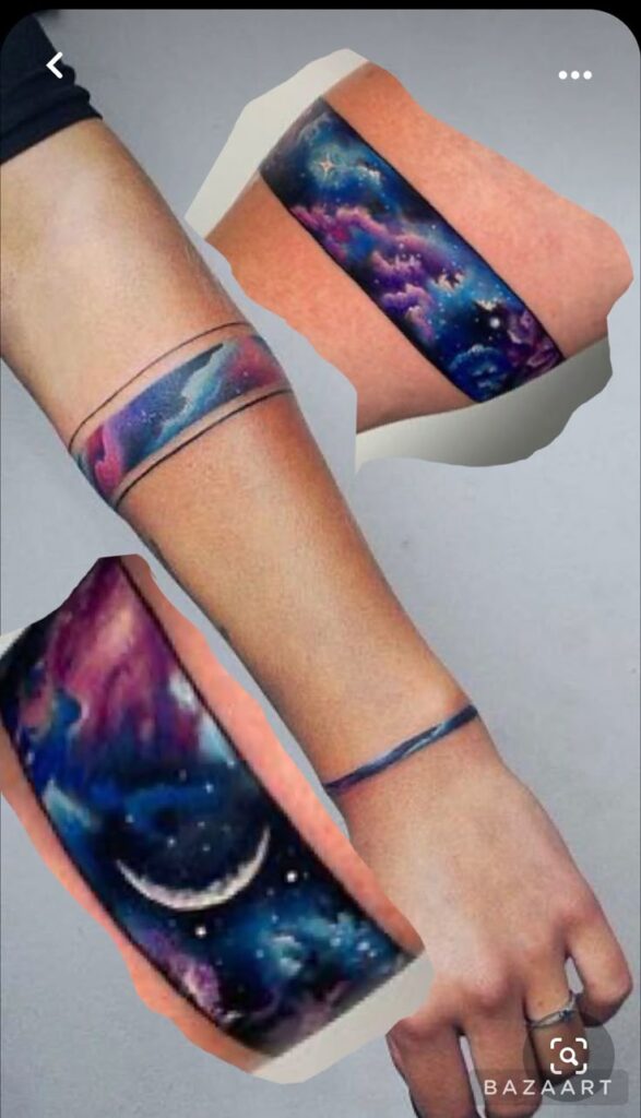 Arm tattoos featuring vibrant galaxy and crescent moon designs, showcasing cosmic colors and intricate details.