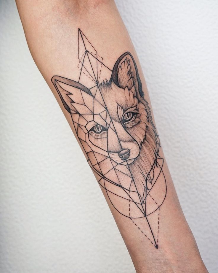 Geometric fox tattoo on a forearm, blending realistic and abstract design elements.