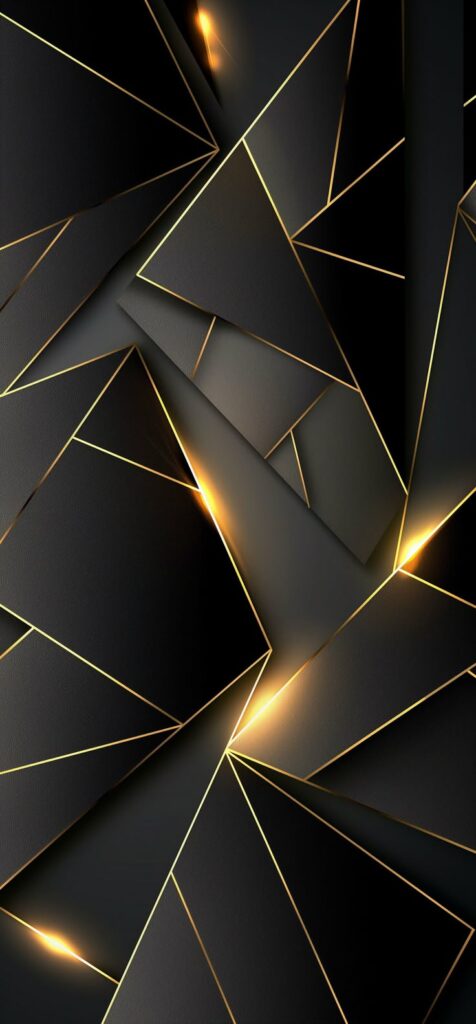 Abstract geometric pattern with dark angular shapes highlighted by glowing golden edges.