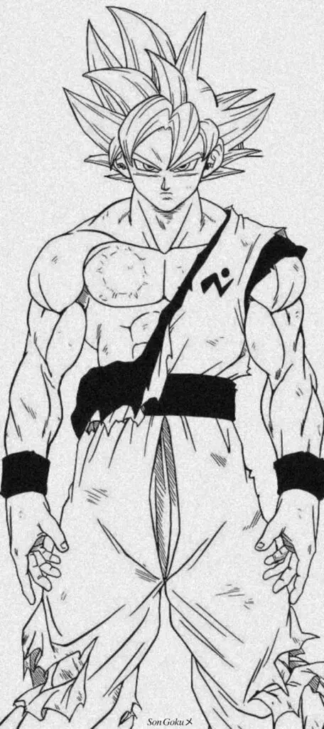 Anime character with spiky hair and torn clothing in a powerful stance, sketch style art.