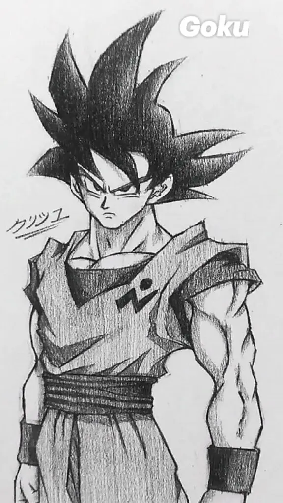 Black and white pencil sketch of a muscular anime character with spiky hair and a serious expression.