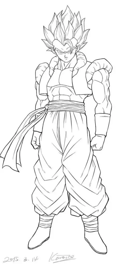 Anime character sketch with spiky hair and muscular build, standing confidently in iconic clothing.