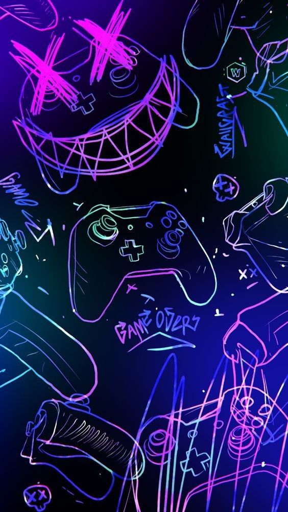 Neon sketch of gaming controllers and Game Over text on a dark background, highlighting a playful gaming theme.