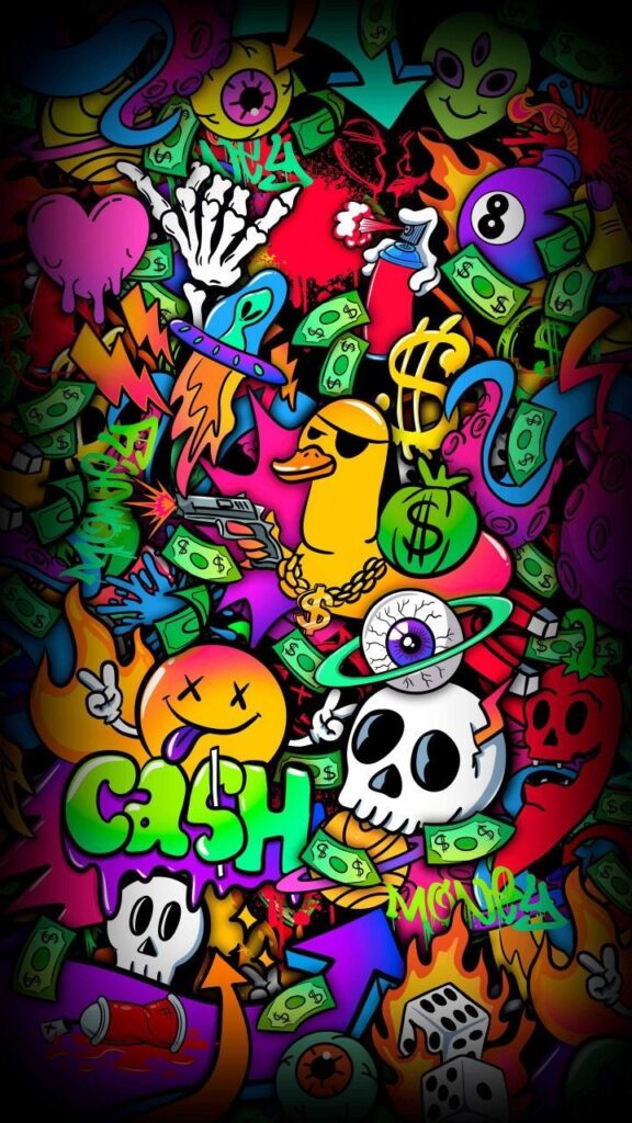 Colorful graffiti with skulls, money bags, and playful icons, showcasing a vibrant and edgy urban art style.