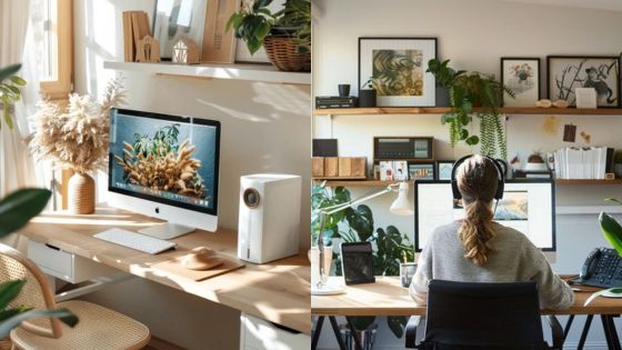 Modern home office with plants, dual monitors, and natural light, highlighting a stylish and productive workspace.