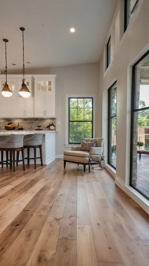 Modern kitchen and living area with wooden floors, bar stools, pendant lights, cozy armchair, and large windows overlooking greenery.