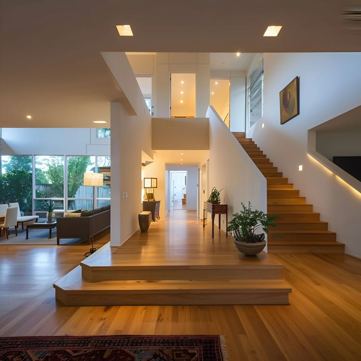 Modern interior with wooden floors, open living area, and illuminated staircase leading to upper level.