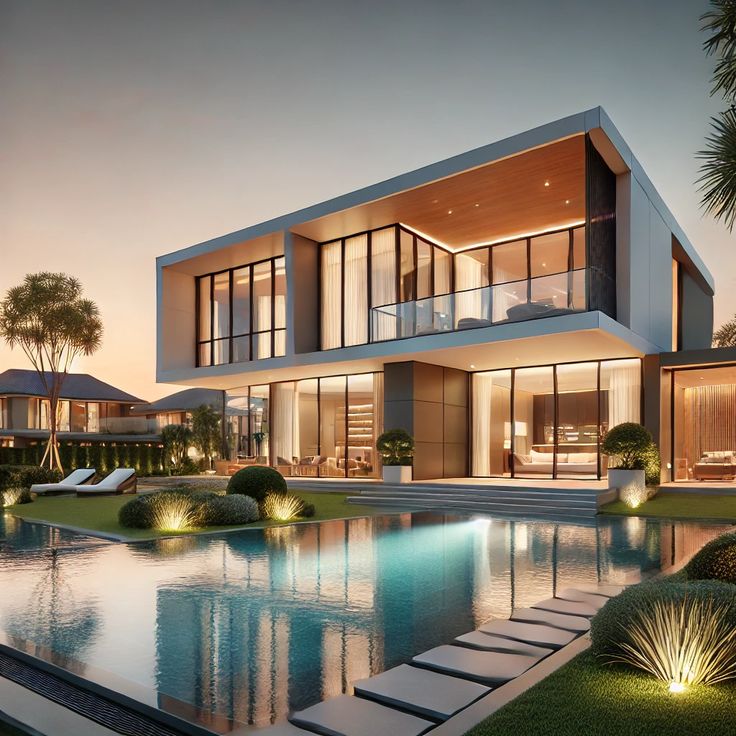 Modern luxury home with large windows and pool at dusk, surrounded by greenery and soft lighting.