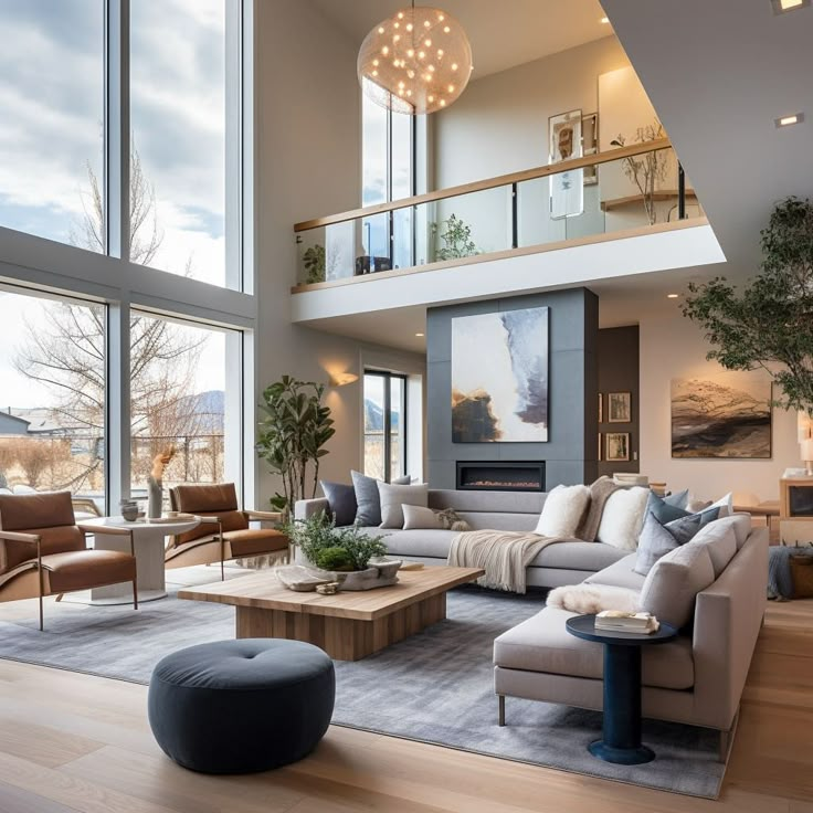 Modern living room with large windows, cozy seating, and stylish decor. Elegant open space with natural light.