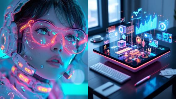 Futuristic woman with neon glasses and a holographic data display on a desk, showcasing advanced technology.