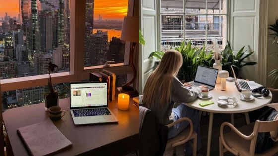 Two stylish home offices: one with a city skyline at sunset, another with a cozy, plant-filled window view.