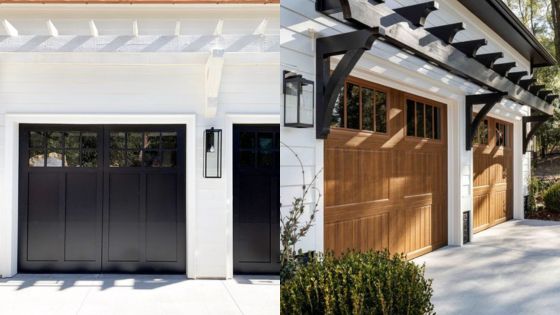 Modern black and wood garage doors on a white house, with pergola accents and outdoor lighting fixtures.