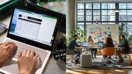 Person using laptop with spreadsheet; team collaborating in modern, well-lit office space.