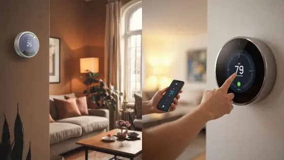 Smart thermostat in a cozy living room, controlled via smartphone for efficient temperature management.