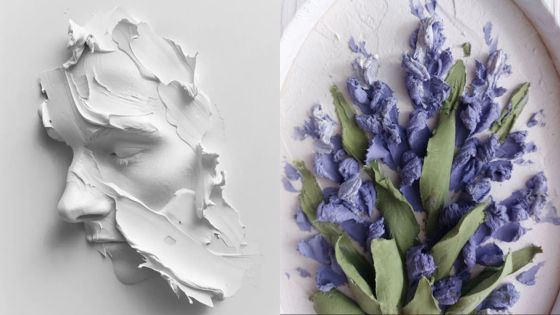 Sculpted face with textured surface and lavender flowers, showcasing artistic creativity in a dual composition.