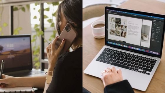 Woman working on laptop and phone, designing on digital platform with coffee nearby.