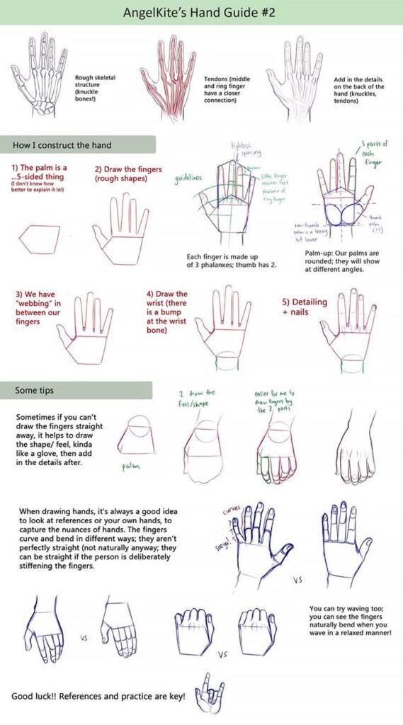 Guide to drawing hands with detailed steps, diagrams, and tips for realistic hand shapes, fingers, and anatomy.