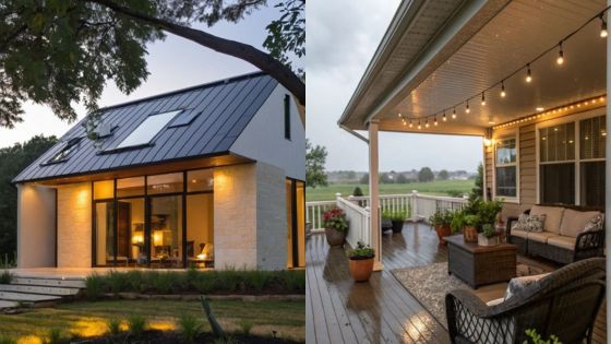 Modern home with large windows and cozy patio featuring string lights and outdoor furniture.