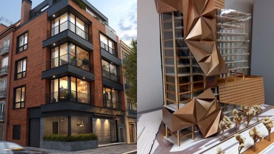 Modern apartment building with brick exterior next to a geometric architectural model, showcasing urban design concepts.