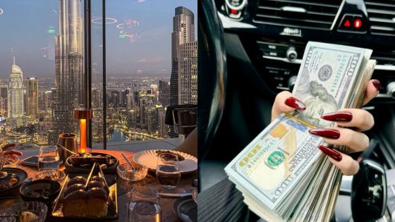 City skyline view from dining table and close-up of hand holding stack of dollar bills in car.