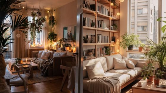 Cozy living room with plants, warm lighting, and bookshelves, offering a tranquil and stylish atmosphere.