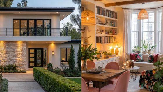 Modern home exterior beside a cozy, well-decorated living room with bookshelves and warm lighting.