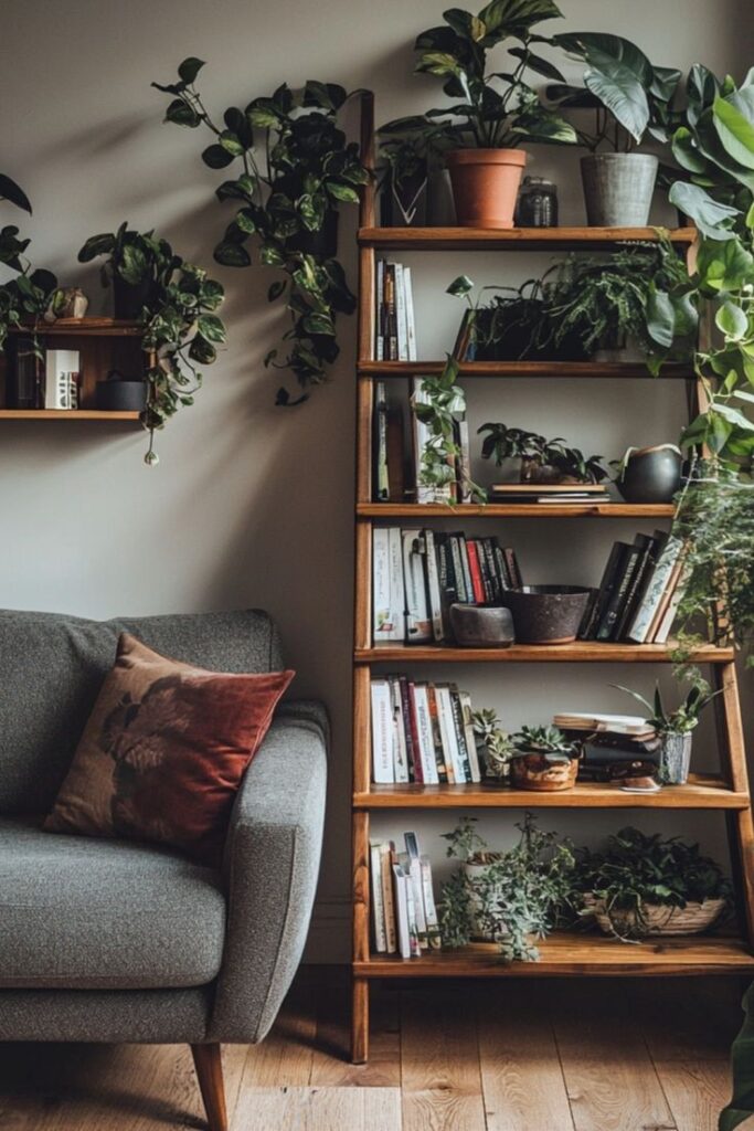 Cozy living room with a grey couch, wooden bookshelf, and indoor plants for a warm, inviting atmosphere.