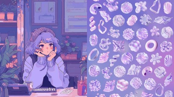 Anime girl at a desk with purple hair, surrounded by plants; abstract shapes in shades of purple on the right.